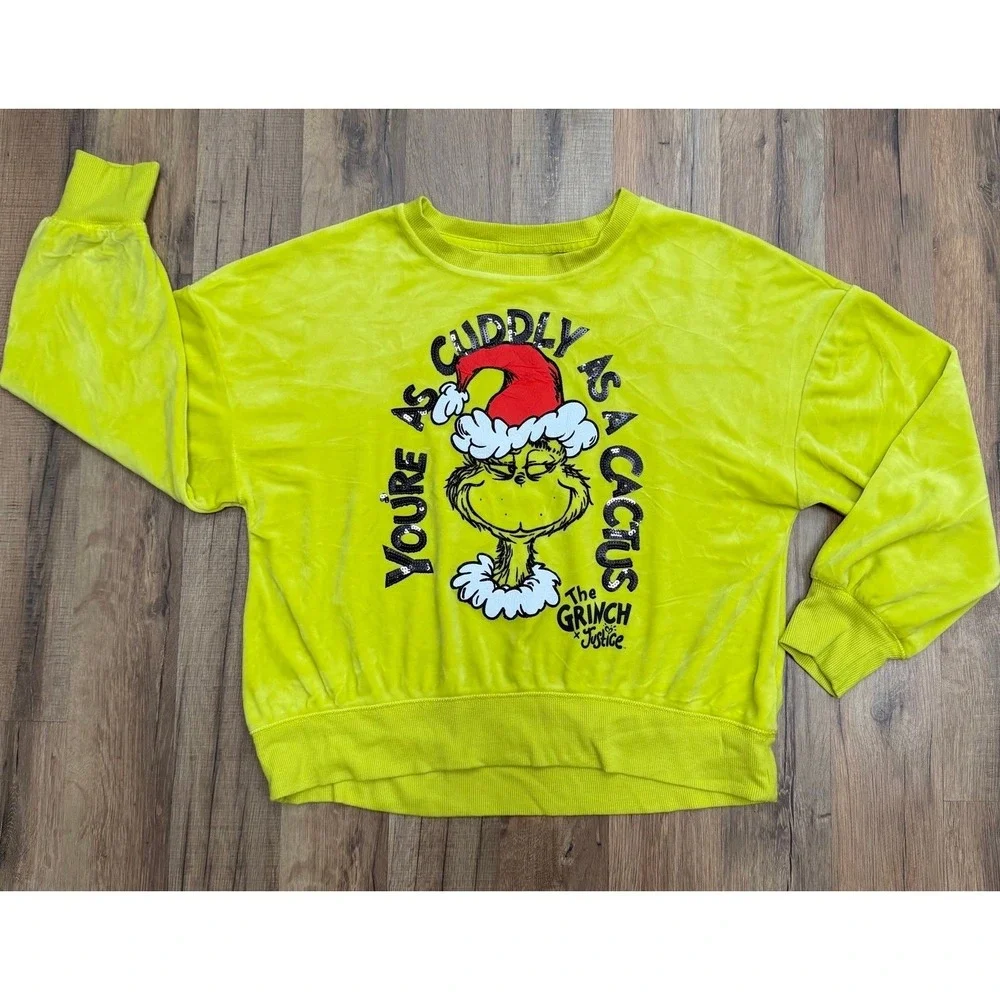 The Grinch x Justice Girls L 12/14 Green Velour Christmas Sequin Sweatshirt